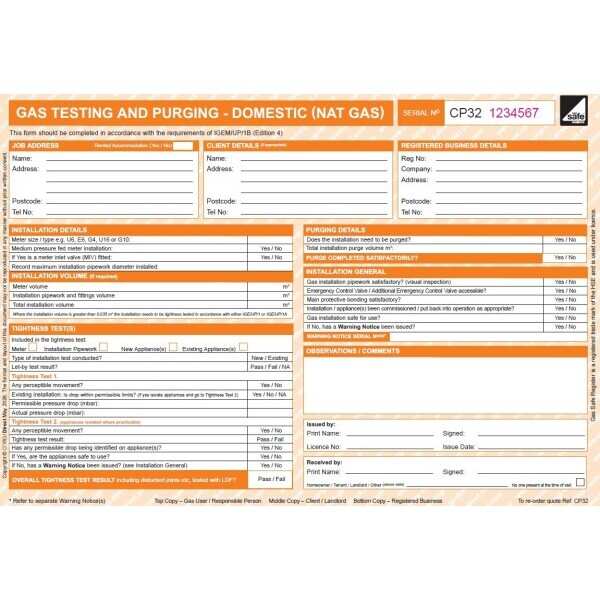 Gas Testing and Purging - Domestic Form CP32 (50) (IGEM/UP/1B Edition 4)