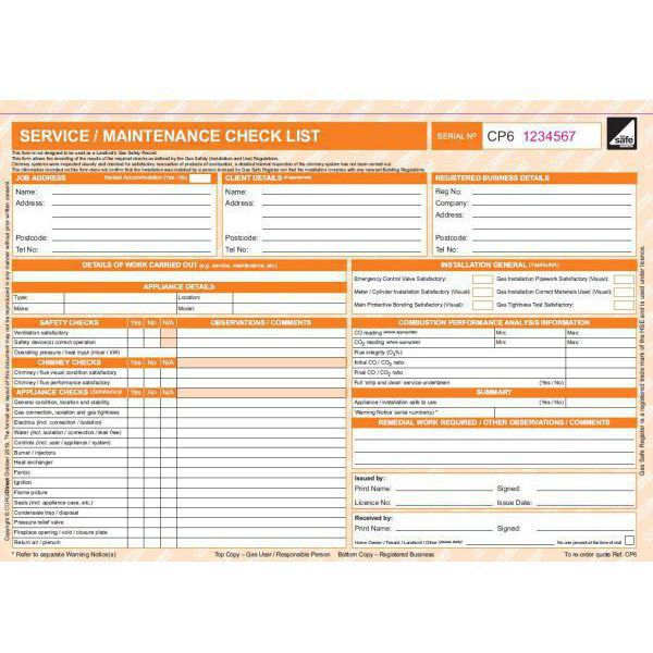CORGI Direct Cp6 Service/Maintenance Checklist