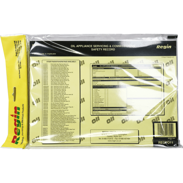 Regin Oil Fired Pressure Jet Appliance Service And Commissioning Pad Regpo11