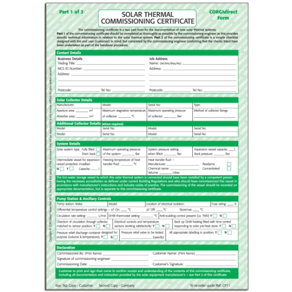 Solar Thermal Commissioning Certificate And Solar Thermal Commissioning Checklist CP11